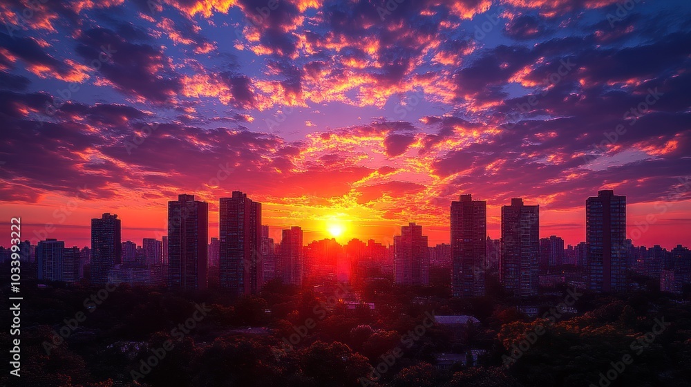 Fototapeta premium Vibrant sunset over a city skyline with dramatic clouds.