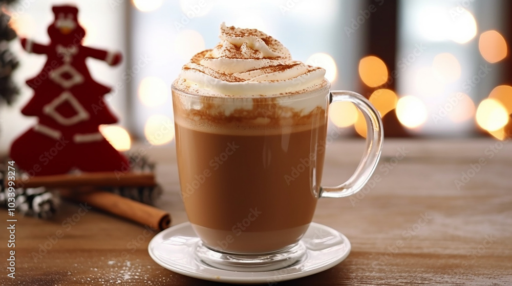 A holiday themed latte with a whipped cream A holiday themed latte with a whipped cream