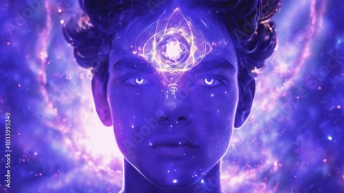 The third eye chakra meditator's forehead glows light, opening up a portal swirling galaxies cosmic energy. focus, streams of energy flow universe mind, 4k Victor anime-style background Animation Vide