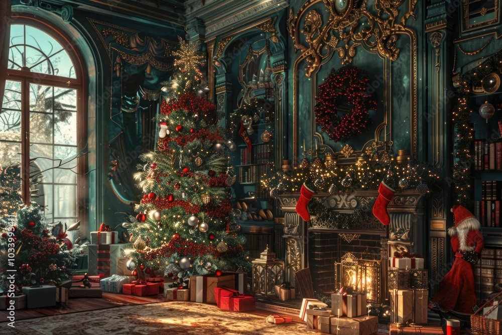 Cozy Christmas scene with a decorated tree near the fireplace Cozy Christmas scene with a decorated tree near the fireplace