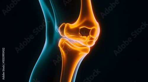 Glowing human knee joint in orange and blue, Xray style anatomy, highlighting bones and ligaments for orthopedic studies and medical imaging