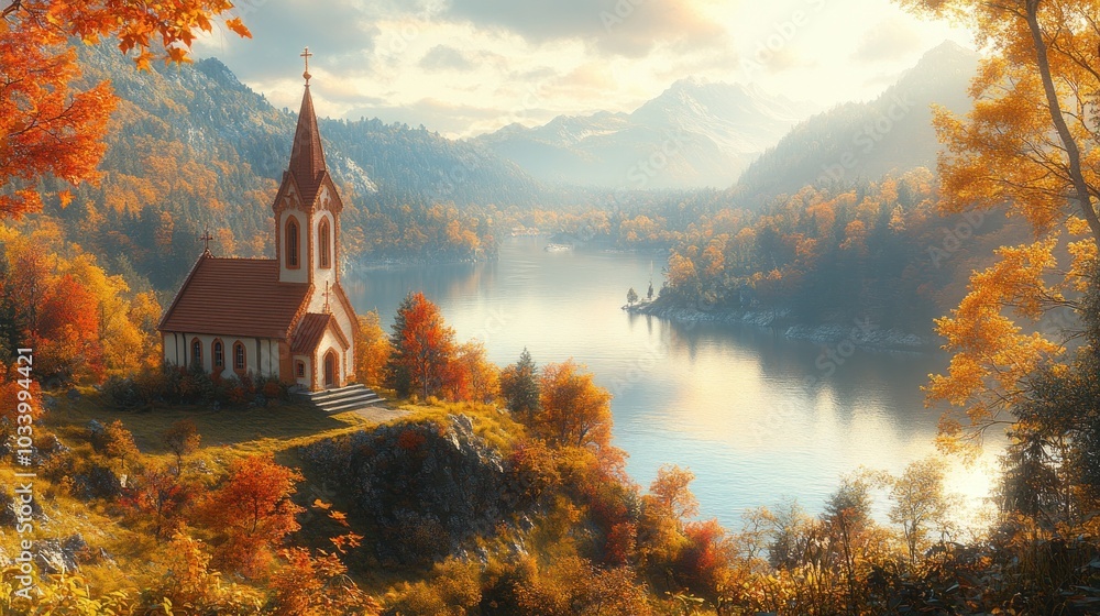 Fototapeta premium Serene autumn landscape featuring a quaint church by a lake.
