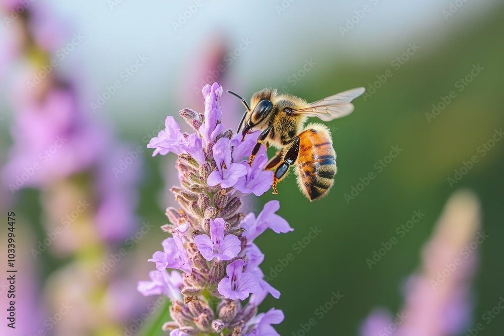 A close-up of a bee sitting on a purple flower, with a blurred background A close-up of a bee sitting on a purple flower, with a blurred background