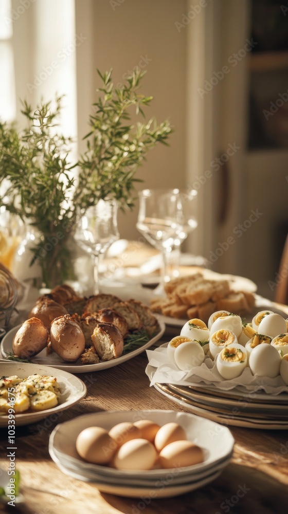 An empty scene featuring blank mockup template (a traditional family gathering with a table full of home-cooked dishes, with a focus on deviled eggs), An empty scene featuring blank mockup template (a traditional family gathering with a table full of home-cooked dishes, with a focus on deviled eggs),
