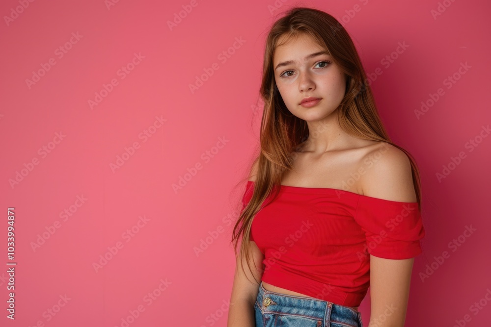 A young girl posing for a photo wearing a bright red top and jeans, with a cheerful expression A young girl posing for a photo wearing a bright red top and jeans, with a cheerful expression
