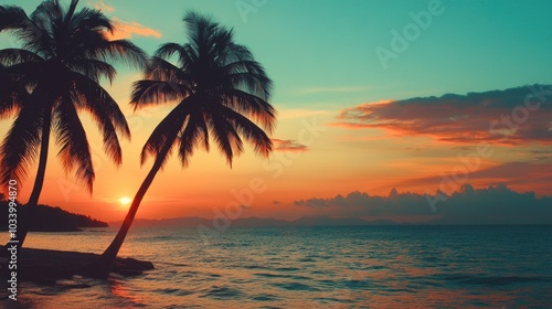 Two palm trees sit atop a sandy beach, perfect for a tropical getaway