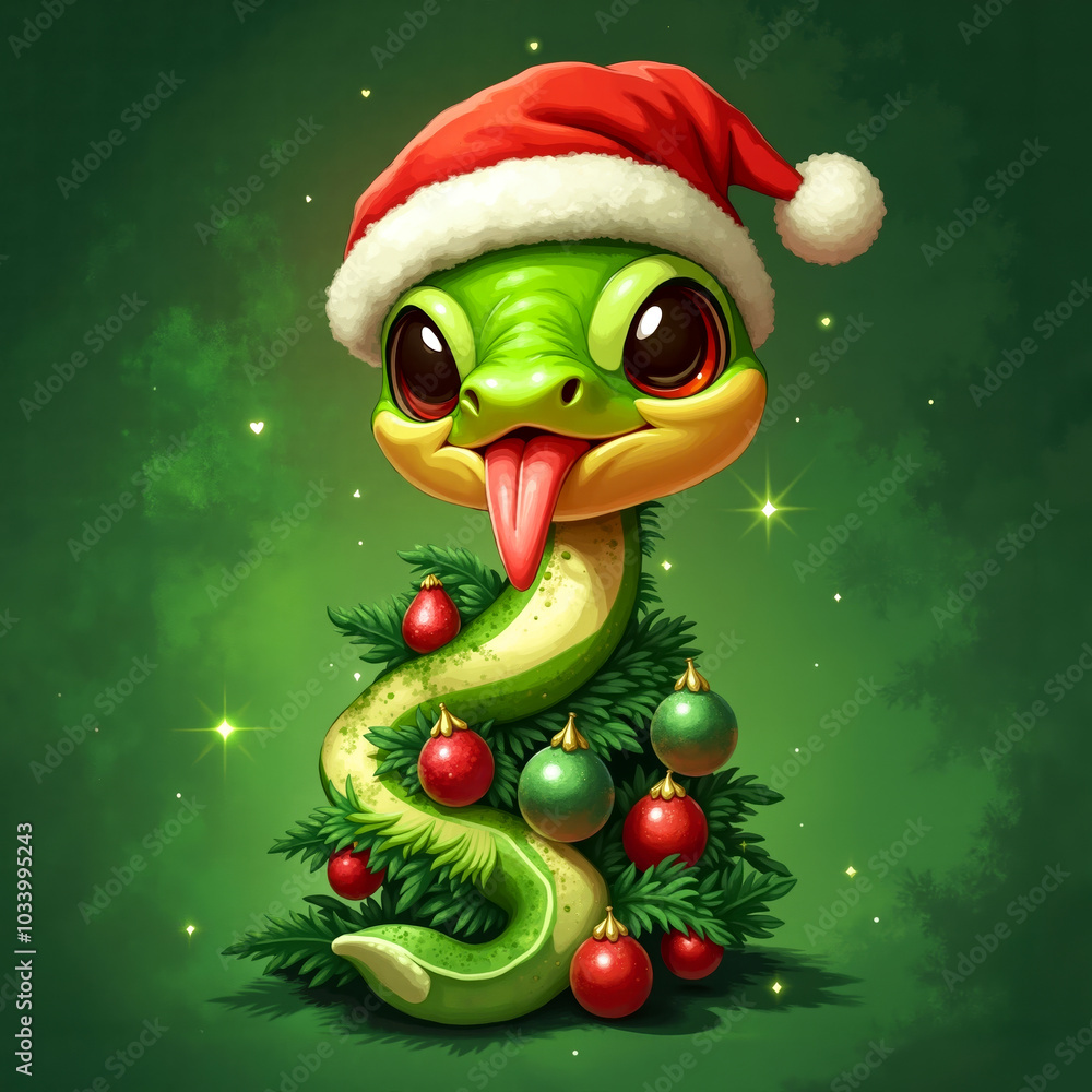 A green snake wearing a santa hat sticking out its tongue A green snake wearing a santa hat sticking out its tongue