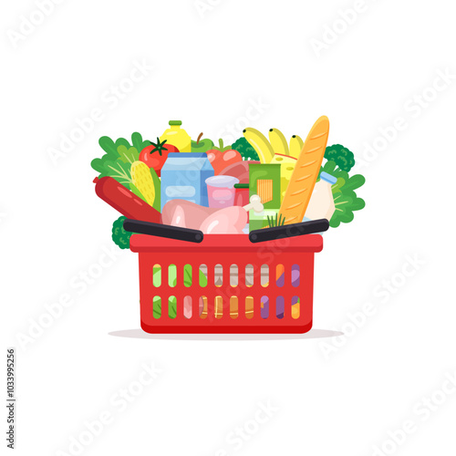 Grocery basket - a shopping basket with different foods and beverages. Illustration in flat style, design template