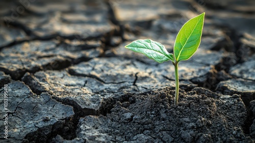 A resilient green plant sprouts from cracked, dry soil, symbolizing hope and growth amidst challenging conditions in nature.