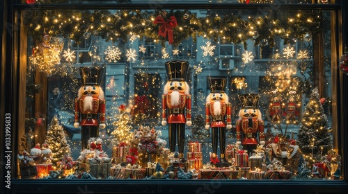 Festive holiday window display featuring nutcracker figures, twinkling lights, and Christmas decorations in a wintery wonderland setting.