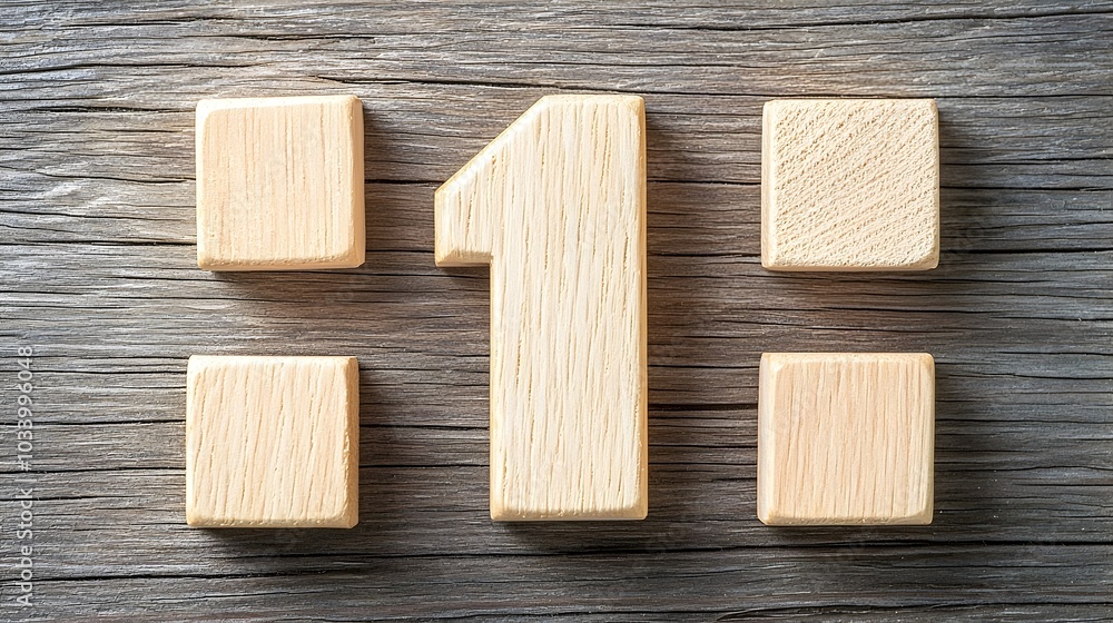 A simple and elegant composition featuring a single wooden number one block arrangement on a natural wood grain background A simple and elegant composition featuring a single wooden number one block arrangement on a natural wood grain background
