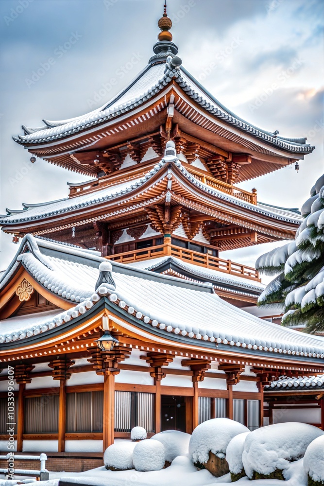 Fototapeta premium Snowy traditional Japanese temple architecture with intricate pagoda and serene winter setting, nice place to visit during Toji holiday
