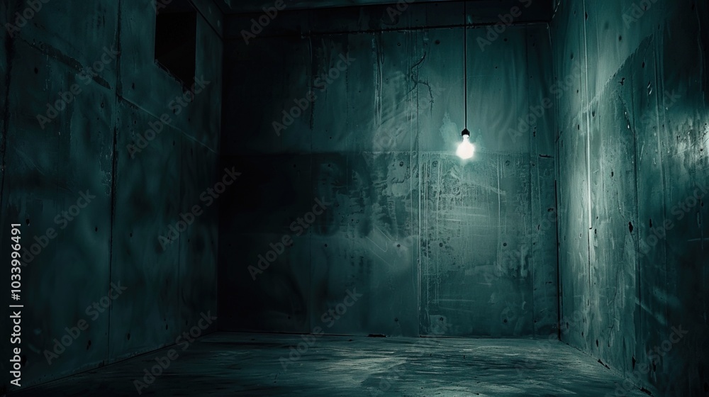 Dark empty room with single flickering light bulb casting long shadows, emphasizing absence of power and eerie atmosphere, minimalist setting with focus on light bulb's glow. Dark empty room with single flickering light bulb casting long shadows, emphasizing absence of power and eerie atmosphere, minimalist setting with focus on light bulb's glow.