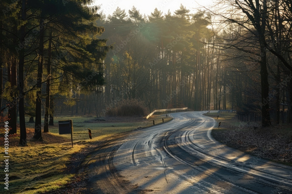 Fototapeta premium Empty race track and green woods nature landscape at sunset