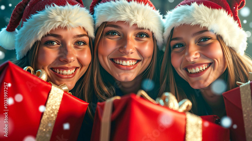 Three women in santa hats holding presents in front of a christmas tree