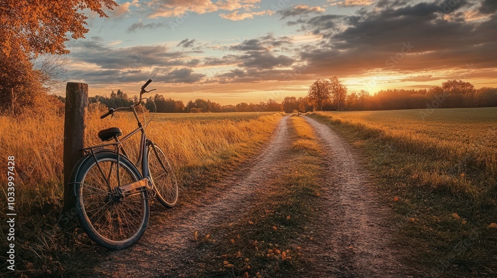 Obraz premium sunset view of a rural crossroad, with dirt paths diverging into fields and a few scattered trees.