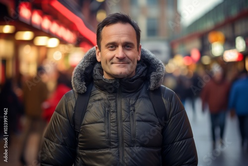 Portrait of a glad man in his 40s dressed in a thermal insulation vest while standing against vibrant market street background