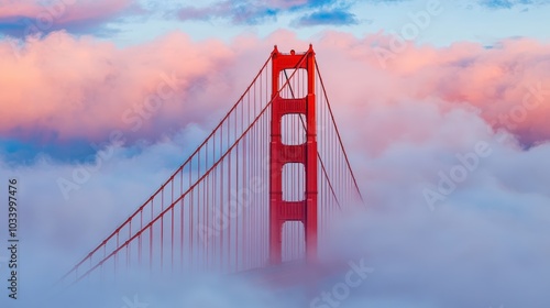Golden Gate Bridge Towering Above Morning Fog at Sunrise
