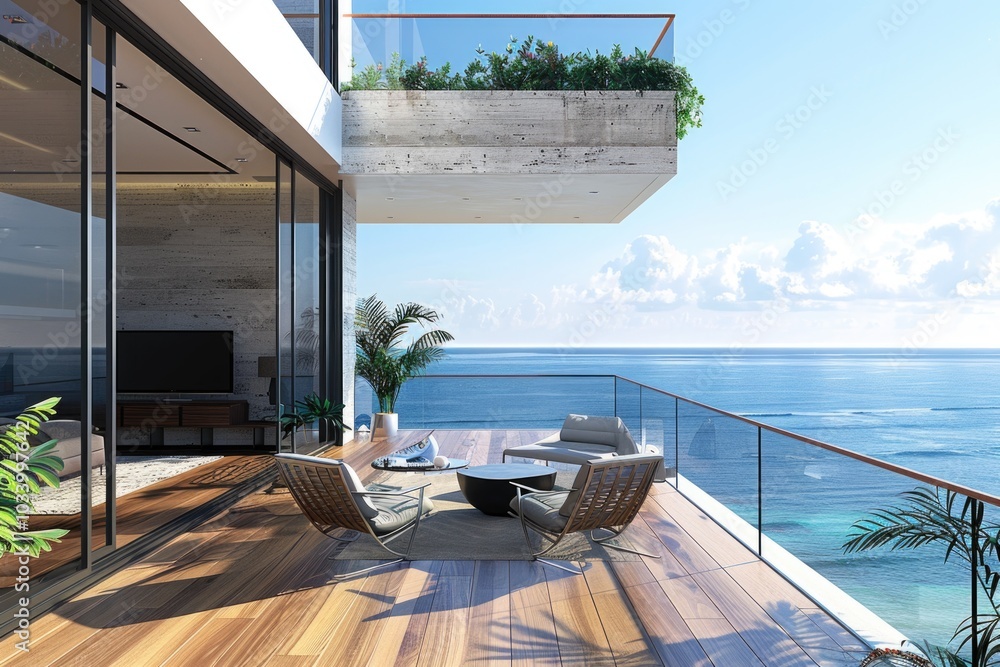 Fototapeta premium A cozy outdoor setting with two chairs and a table overlooking the ocean, great for relaxation or romantic dinner