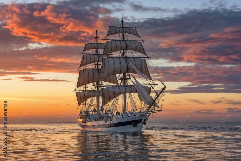 Obraz premium Sailing ship at sunset with colorful sky and calm ocean waters 