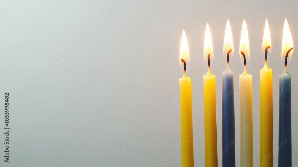 Six lit candles with yellow and blue colors stand in a row against a gray background, creating a serene and peaceful atmosphere. Six lit candles with yellow and blue colors stand in a row against a gray background, creating a serene and peaceful atmosphere.