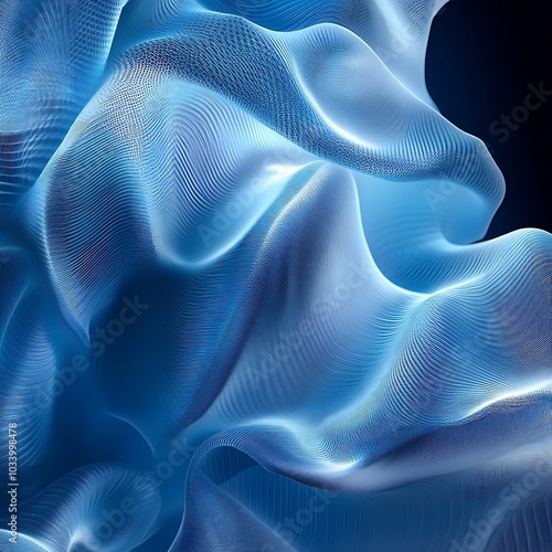 A flowing abstract design featuring soft, translucent blue waves and curves.