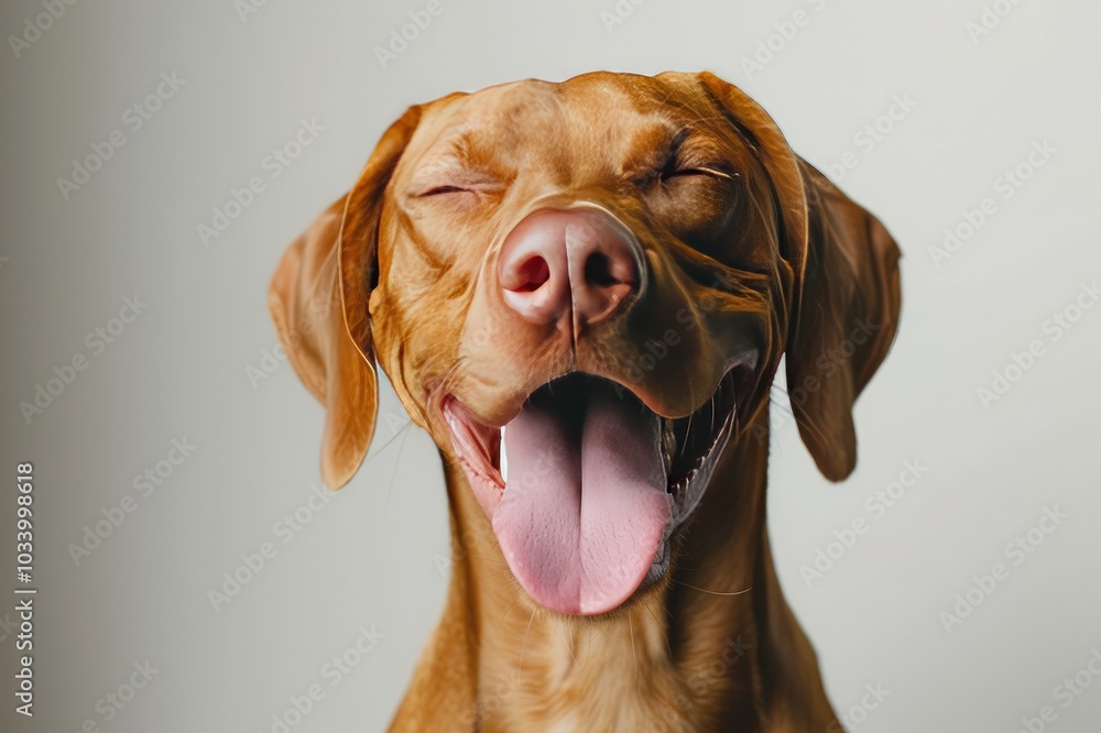 funny dog shows tongue. Hungarian vizsla on a white background funny dog shows tongue. Hungarian vizsla on a white background