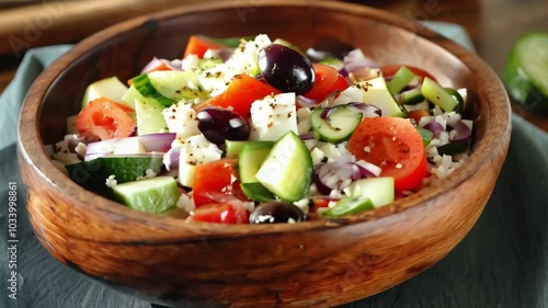 Greek salad with cucumbers, tomatoes, feta, kalamata olives, red onion, and herbs in a wooden bowl.