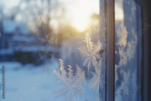 A close-up view of a window with frost and ice forming on the panes