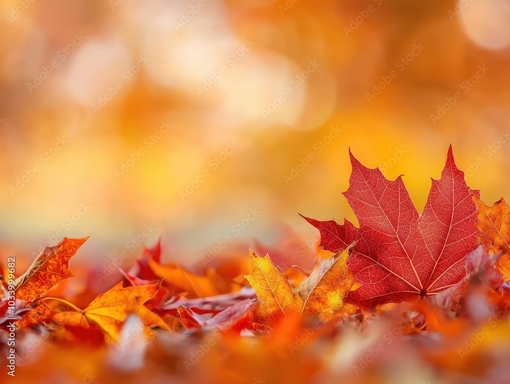 Vivid autumn leaves scattered on the ground, showcasing rich hues of red, orange, and yellow under soft, golden sunlight. Vivid autumn leaves scattered on the ground, showcasing rich hues of red, orange, and yellow under soft, golden sunlight.