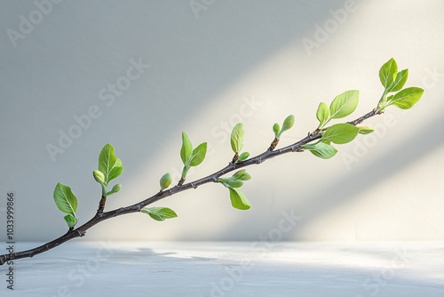 Slender, twisting tree branch with small green leaves, organic feel, minimalist design, perfect for mockups or template backgrounds.