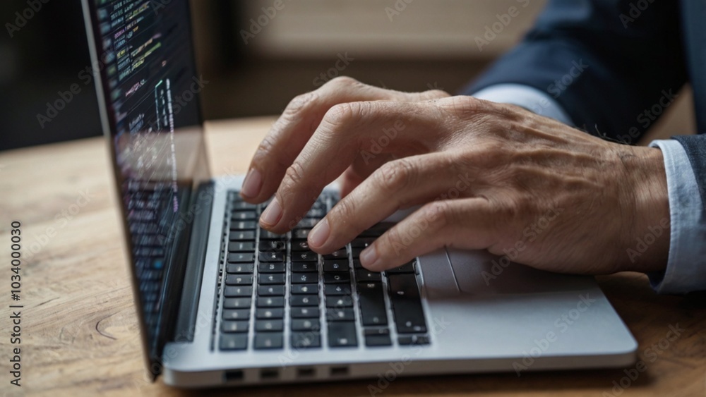 Close-up of businessman's hands typing on laptop keyboard at office desk Close-up of businessman's hands typing on laptop keyboard at office desk