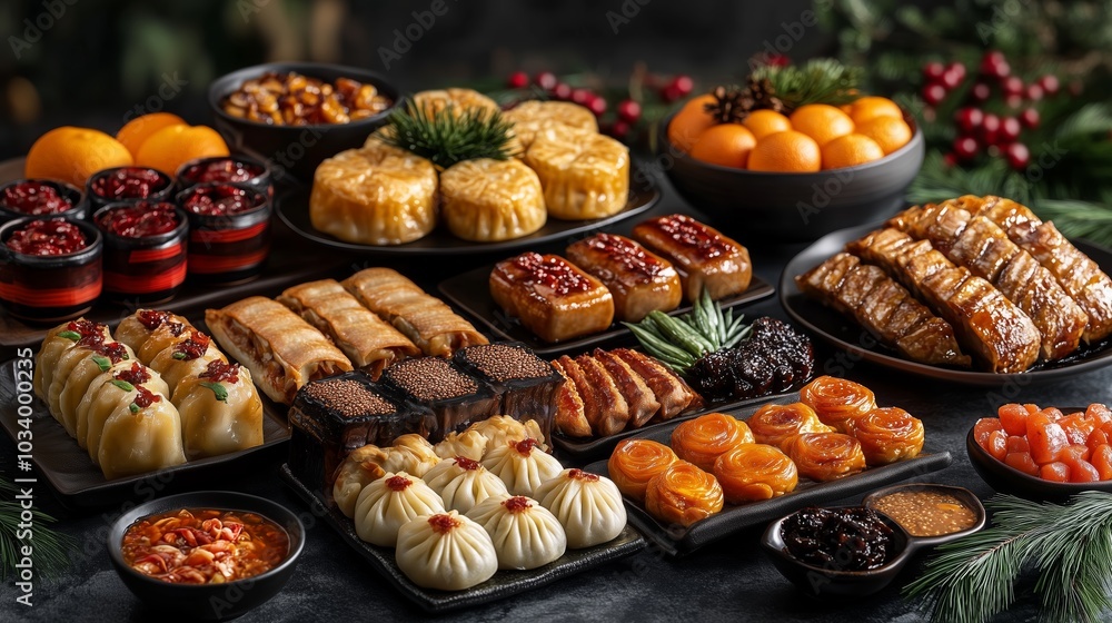 A vibrant spread of traditional Chinese New Year delicacies, featuring an assortment of dim sum, buns, and pastries. A vibrant spread of traditional Chinese New Year delicacies, featuring an assortment of dim sum, buns, and pastries.