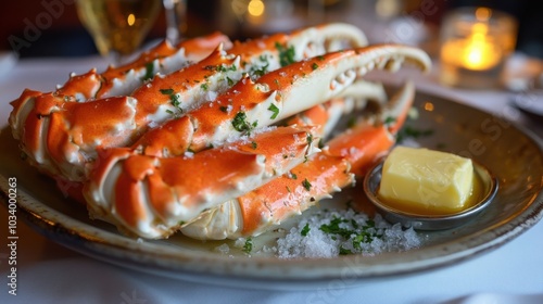  large king crab legs served on a plate with a side of drawn butter photo