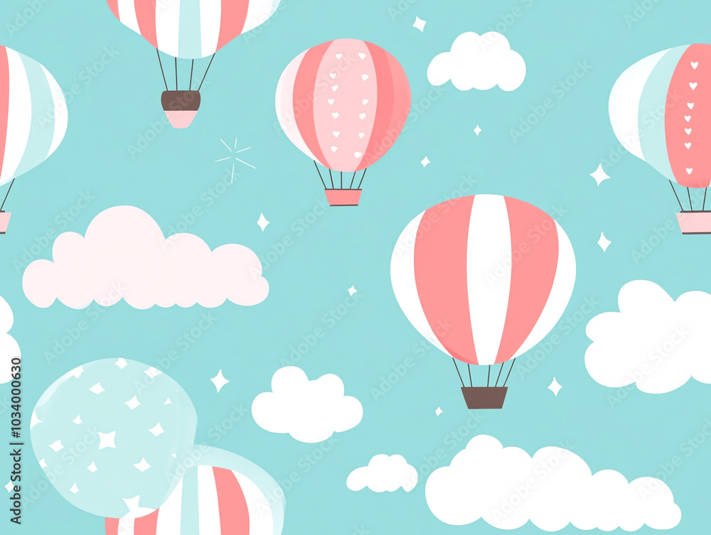 Fototapeta premium Cute hot air balloon seamless pattern, light color background with clouds and balloons. 