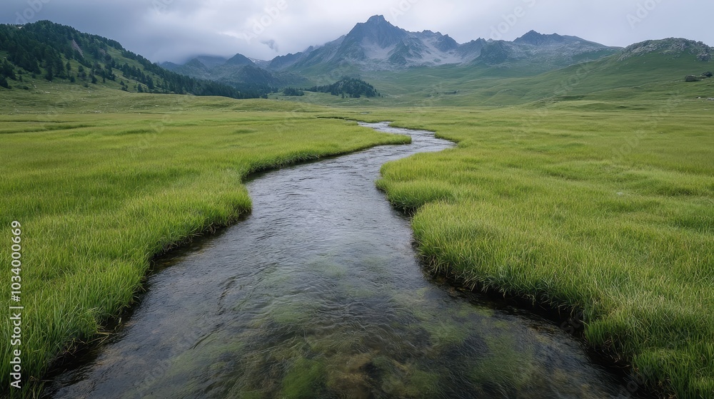 An inviting image of a winding stream surrounded by expansive grasslands leading toward distant mountains, conveying solitude and the peace of untouched nature. An inviting image of a winding stream surrounded by expansive grasslands leading toward distant mountains, conveying solitude and the peace of untouched nature.