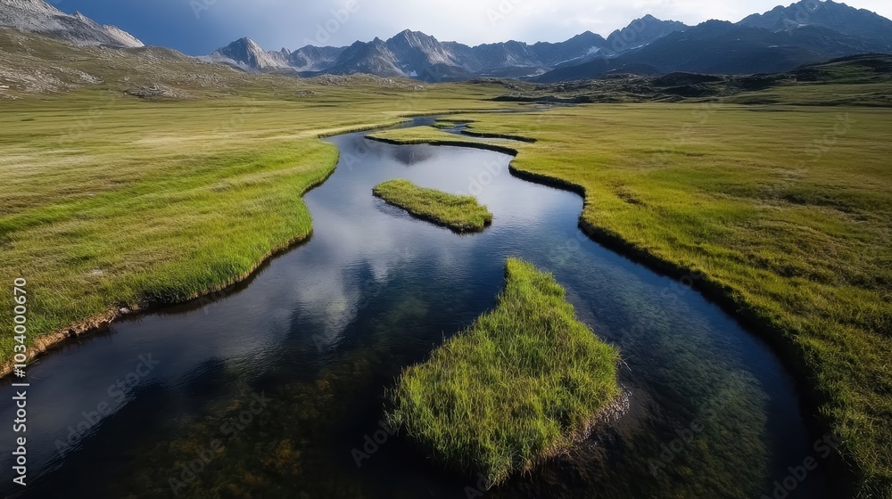 A beautiful image of a meandering stream flowing through a lush green valley surrounded by majestic mountains, offering a serene and natural landscape view. A beautiful image of a meandering stream flowing through a lush green valley surrounded by majestic mountains, offering a serene and natural landscape view.