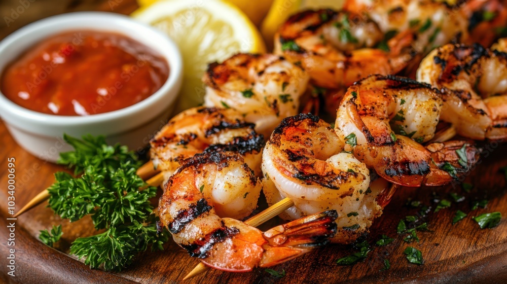 grilled shrimp on skewers, charred perfectly and placed on a wooden platter grilled shrimp on skewers, charred perfectly and placed on a wooden platter