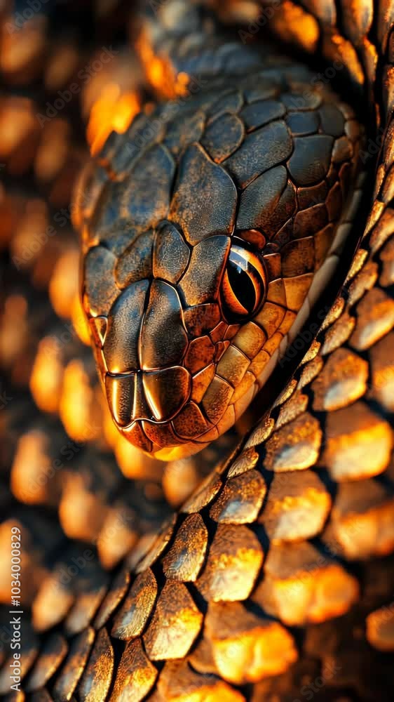 Snake rests its head on a coiled body, basking in warm sunlight that highlights its intricate scales and patterns Snake rests its head on a coiled body, basking in warm sunlight that highlights its intricate scales and patterns