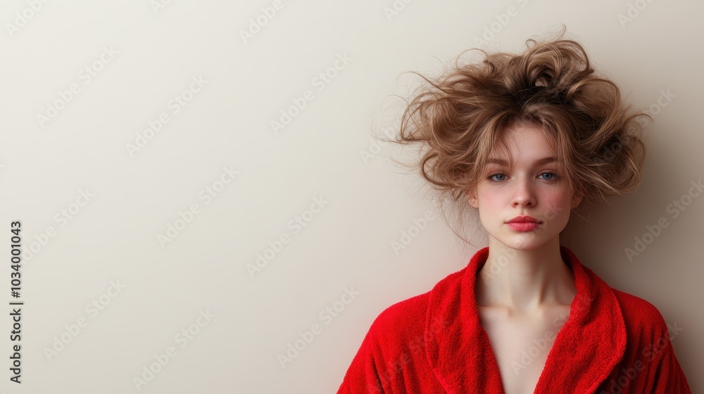 A young woman with tousled hair poses against a neutral backdrop, with her expressive eyes and red robe enhancing the artistic elements of the photograph. A young woman with tousled hair poses against a neutral backdrop, with her expressive eyes and red robe enhancing the artistic elements of the photograph.