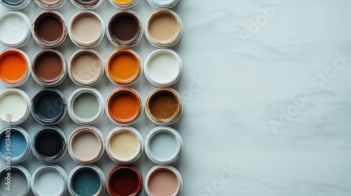 A top view of various paint cans neatly arranged on a marble surface, showing an array of colors that symbolize creativity and artistic possibilities.