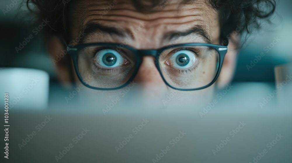 A man with glasses, wearing a surprised expression, stares wide-eyed at a computer screen, capturing the intensity and surprise of the digital world. A man with glasses, wearing a surprised expression, stares wide-eyed at a computer screen, capturing the intensity and surprise of the digital world.
