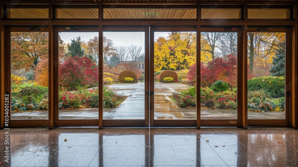 serene view through large glass doors showcases vibrant garden filled with colorful autumn foliage, creating peaceful atmosphere serene view through large glass doors showcases vibrant garden filled with colorful autumn foliage, creating peaceful atmosphere