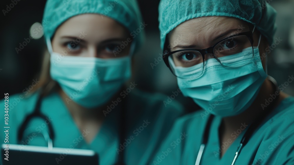 Two medical professionals wearing surgical masks and scrubs, standing in a hospital setting. Their focused and determined expressions indicate readiness and professionalism. Two medical professionals wearing surgical masks and scrubs, standing in a hospital setting. Their focused and determined expressions indicate readiness and professionalism.