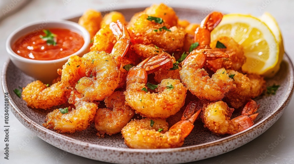 golden, crispy fried shrimp piled on a plate. golden, crispy fried shrimp piled on a plate.
