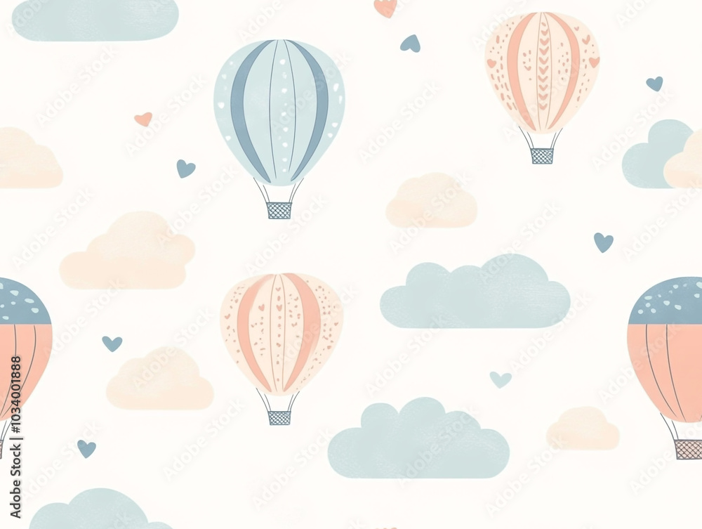 Obraz premium Cute hot air balloon seamless pattern, light color background with clouds and balloons. 