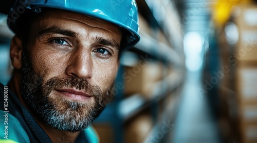 A close-up of a male warehouse worker wearing a blue helmet, exuding a serious demeanor, set against a blurred background of shelves in a warehouse facility.