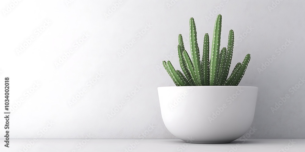 Minimalist Cactus: Clean Design with Natural Light Against White Wall Minimalist Cactus: Clean Design with Natural Light Against White Wall