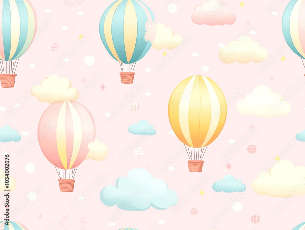 Naklejka premium Cute hot air balloon seamless pattern, light color background with clouds and balloons. 