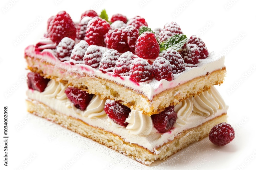 Fresh raspberries sit atop a slice of cake, perfect for a dessert or snack Fresh raspberries sit atop a slice of cake, perfect for a dessert or snack